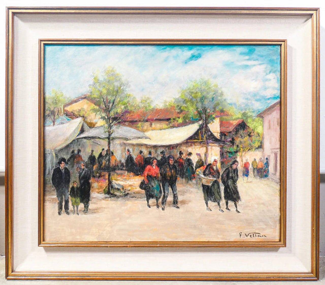 Felice Vellan, Market in Mazzè, oil painting on canvas, 1965 1