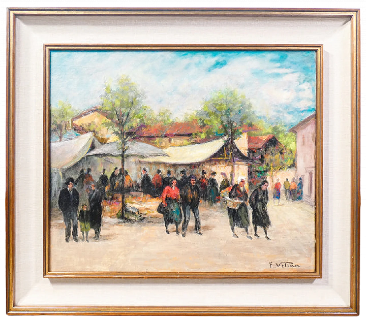 Felice Vellan, Market in Mazzè, oil painting on canvas, 1965 3