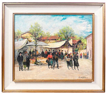 Felice Vellan, Market in Mazzè, oil painting on canvas, 1965