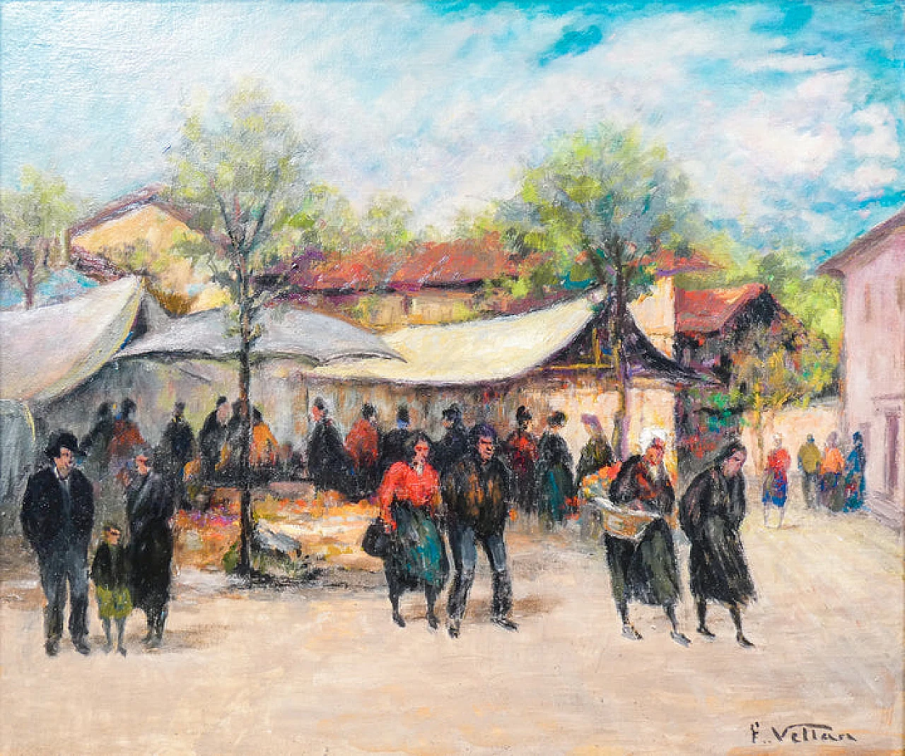 Felice Vellan, Market in Mazzè, oil painting on canvas, 1965 4