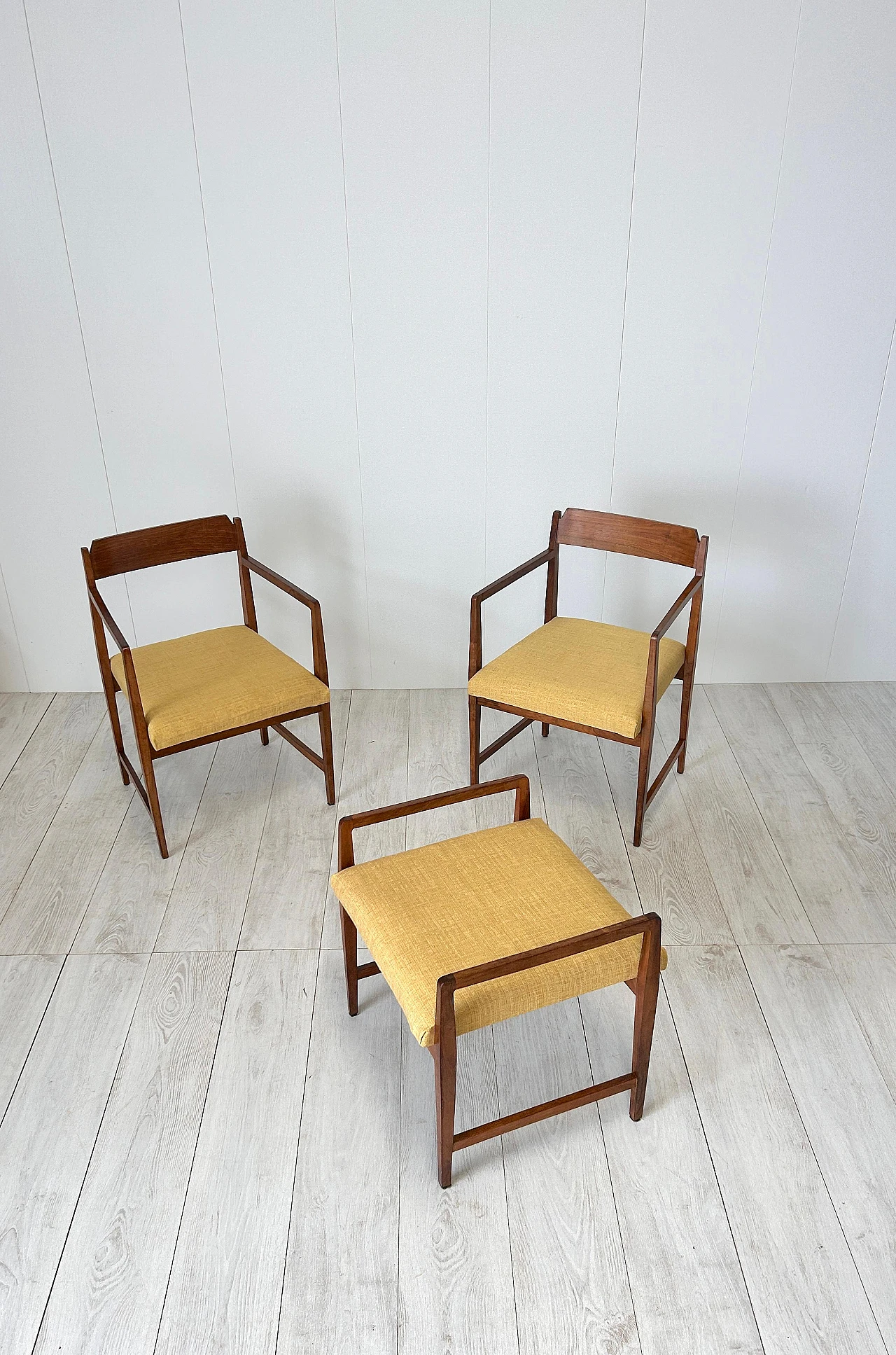 Pair of wood and fabric armchairs with footstools, 1950s 2