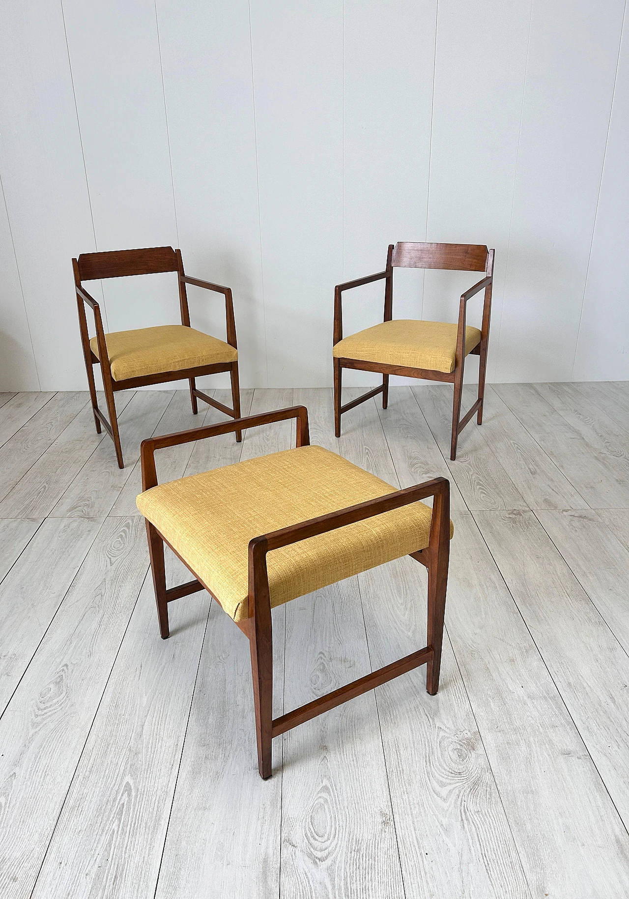 Pair of wood and fabric armchairs with footstools, 1950s 3