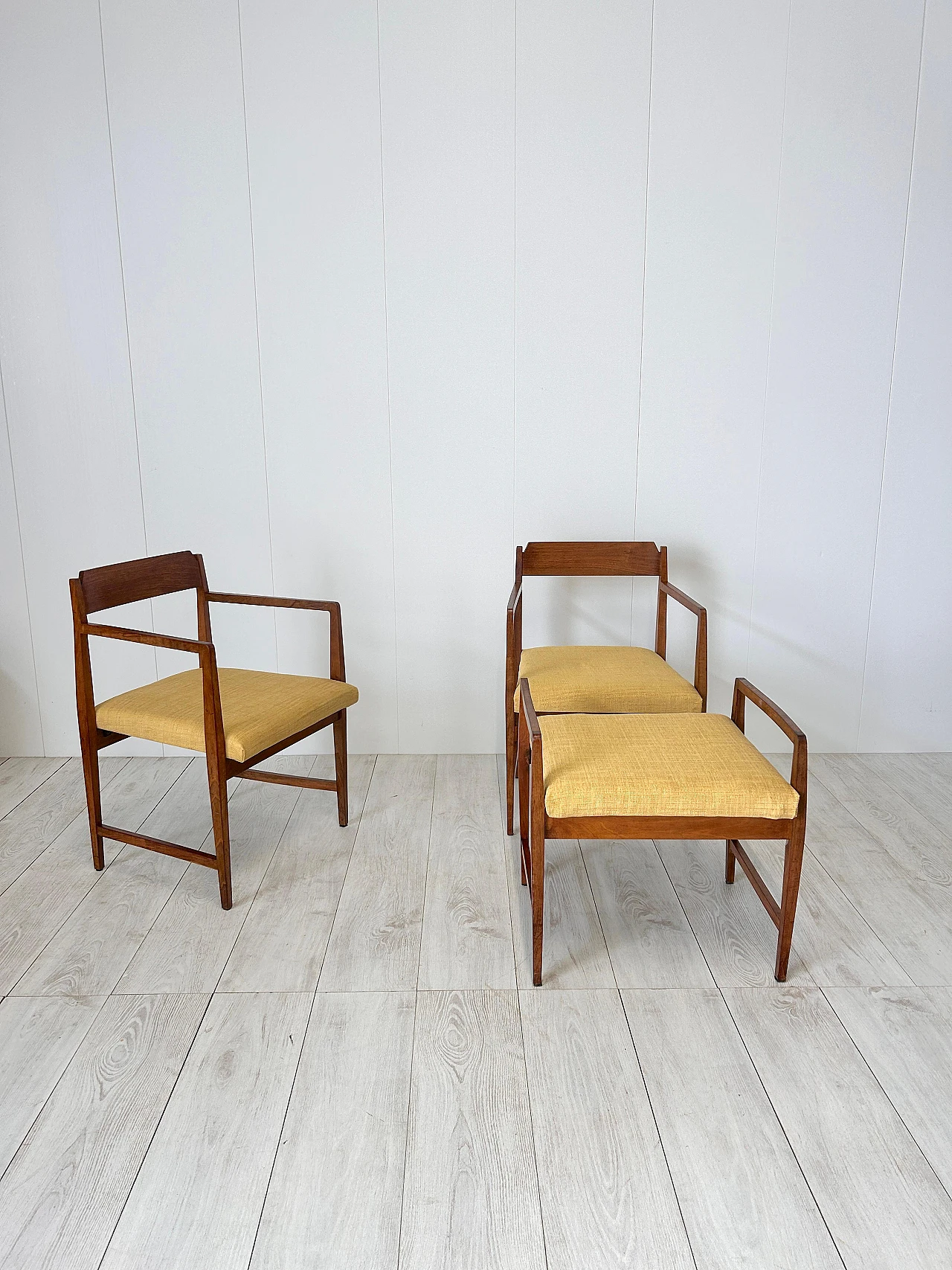 Pair of wood and fabric armchairs with footstools, 1950s 6