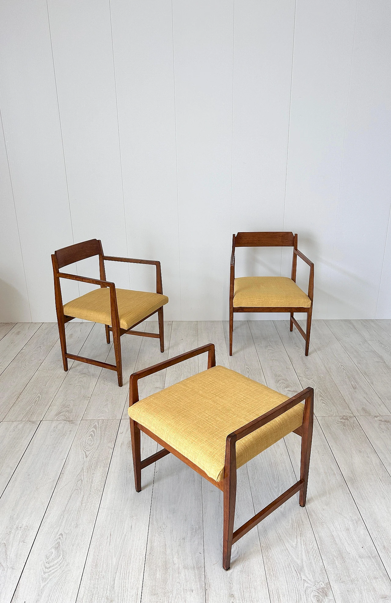 Pair of wood and fabric armchairs with footstools, 1950s 7