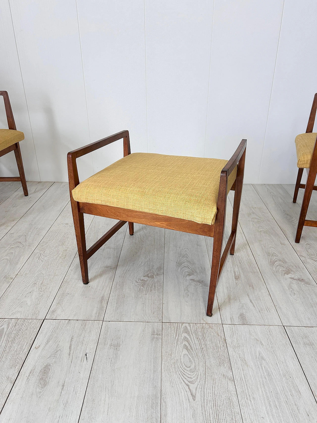 Pair of wood and fabric armchairs with footstools, 1950s 10