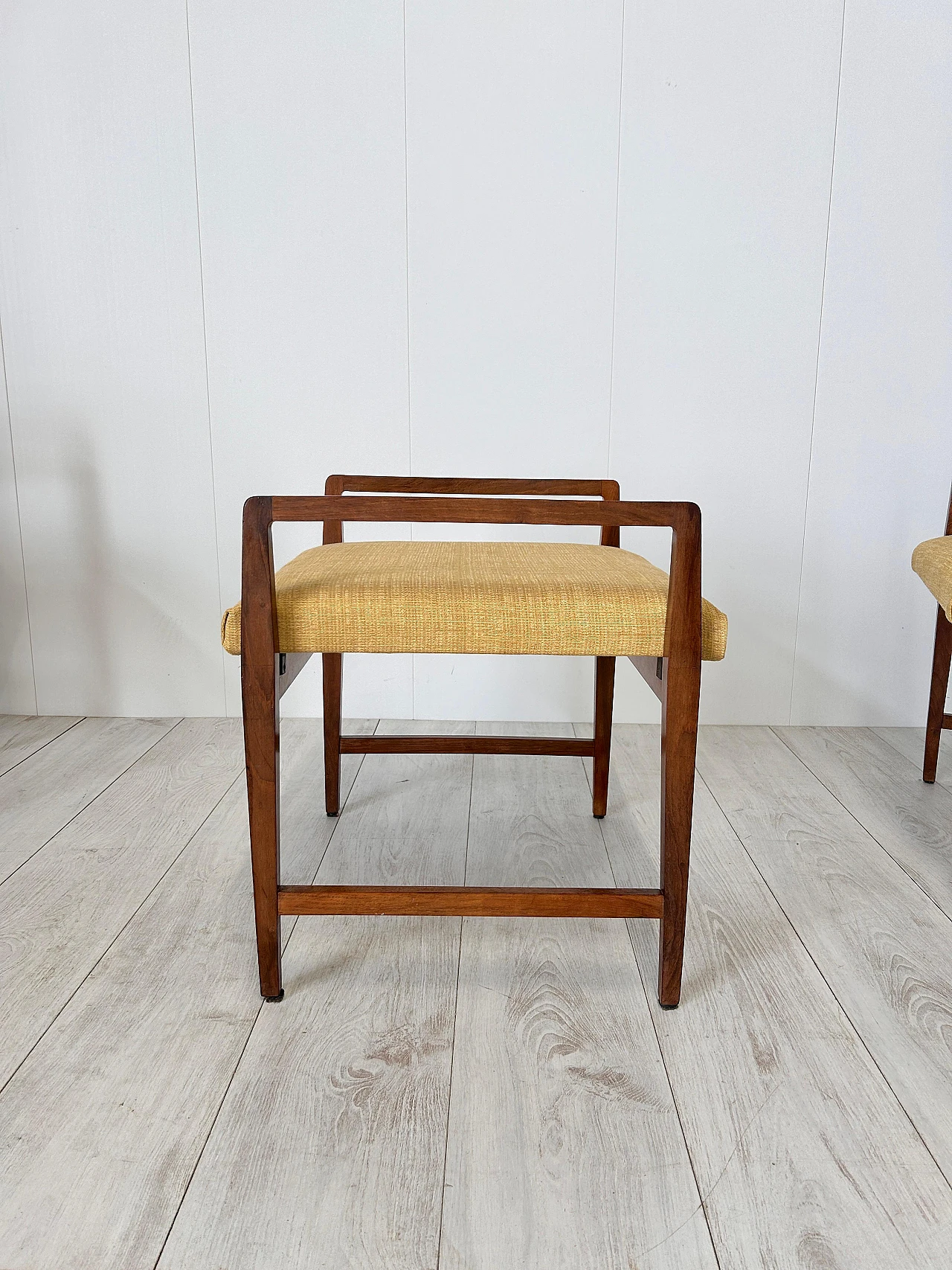 Pair of wood and fabric armchairs with footstools, 1950s 12