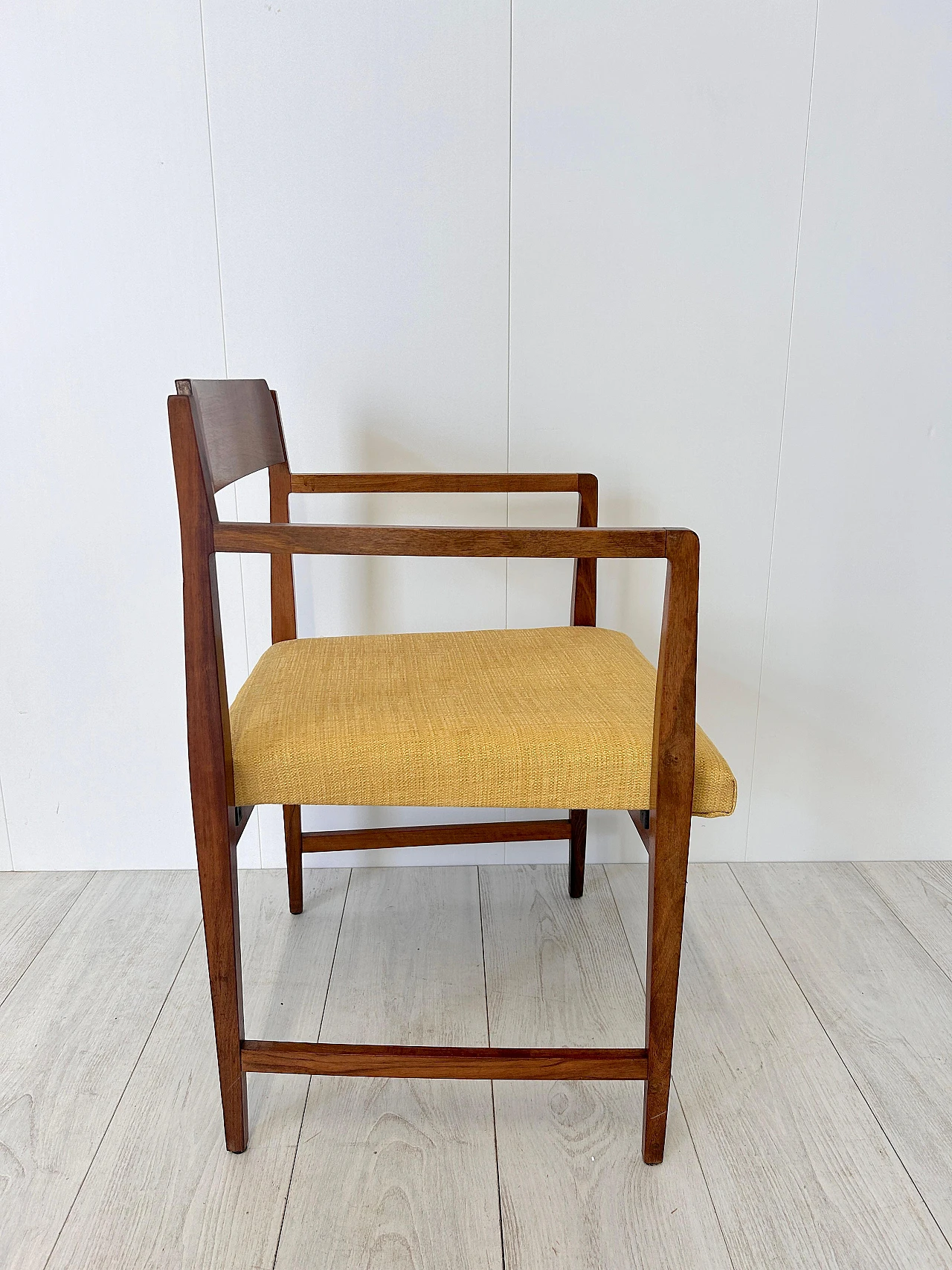 Pair of wood and fabric armchairs with footstools, 1950s 14