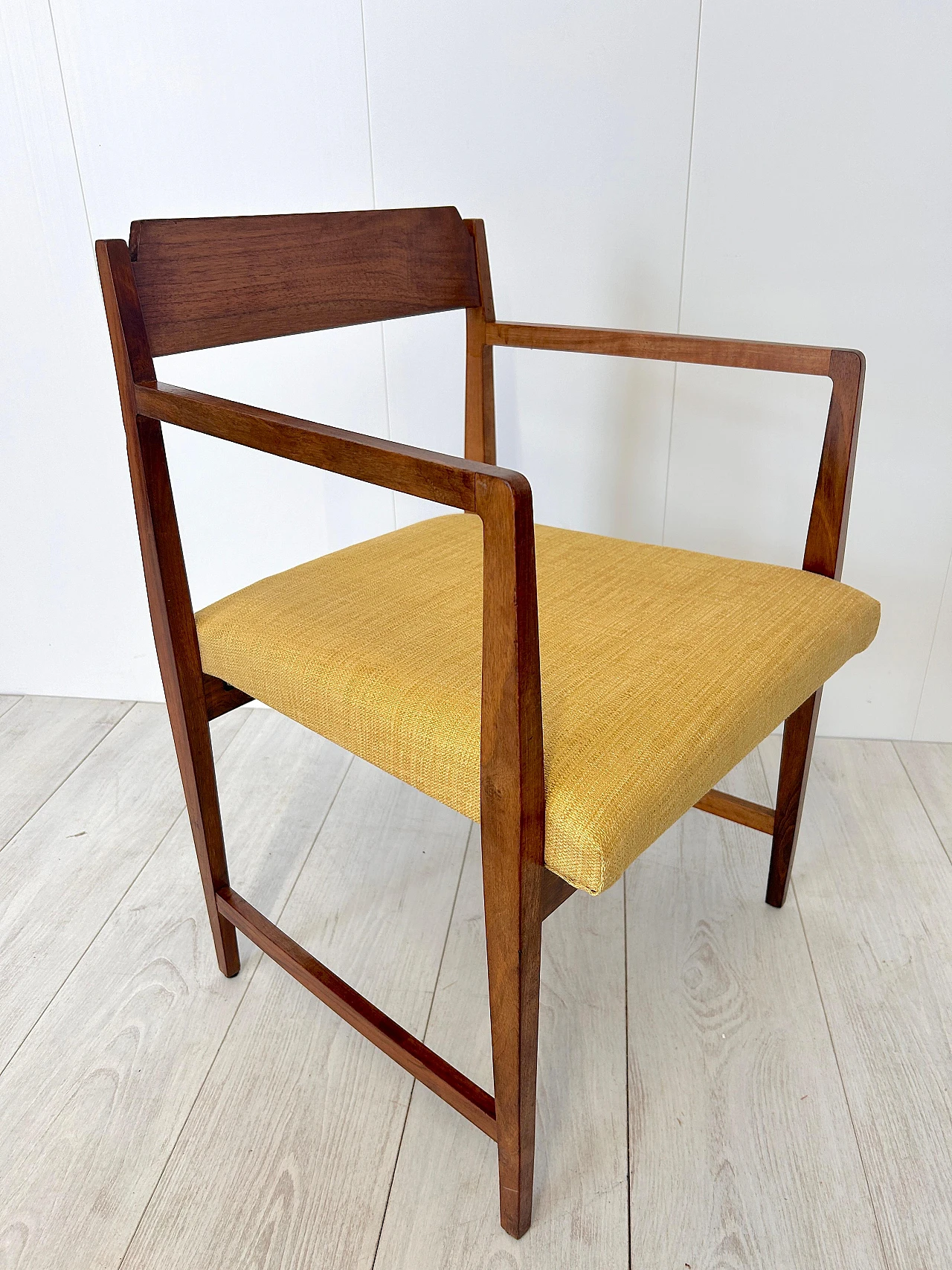 Pair of wood and fabric armchairs with footstools, 1950s 15