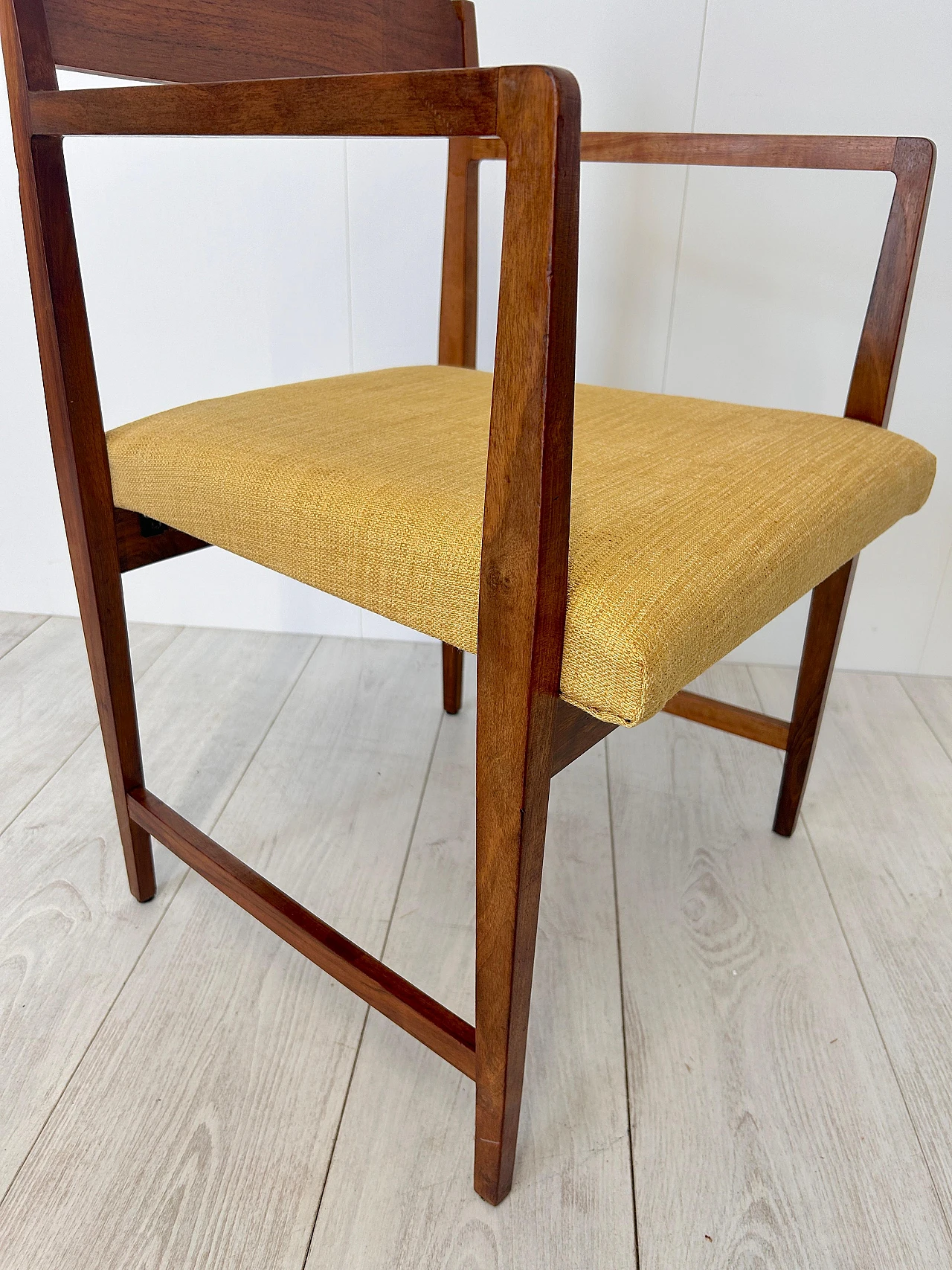 Pair of wood and fabric armchairs with footstools, 1950s 16