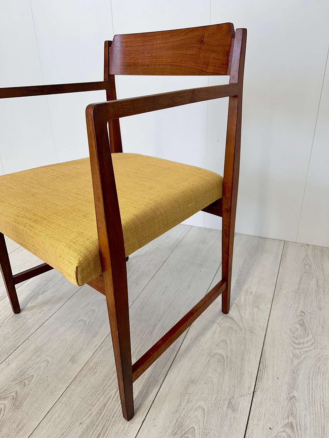 Pair of wood and fabric armchairs with footstools, 1950s 17