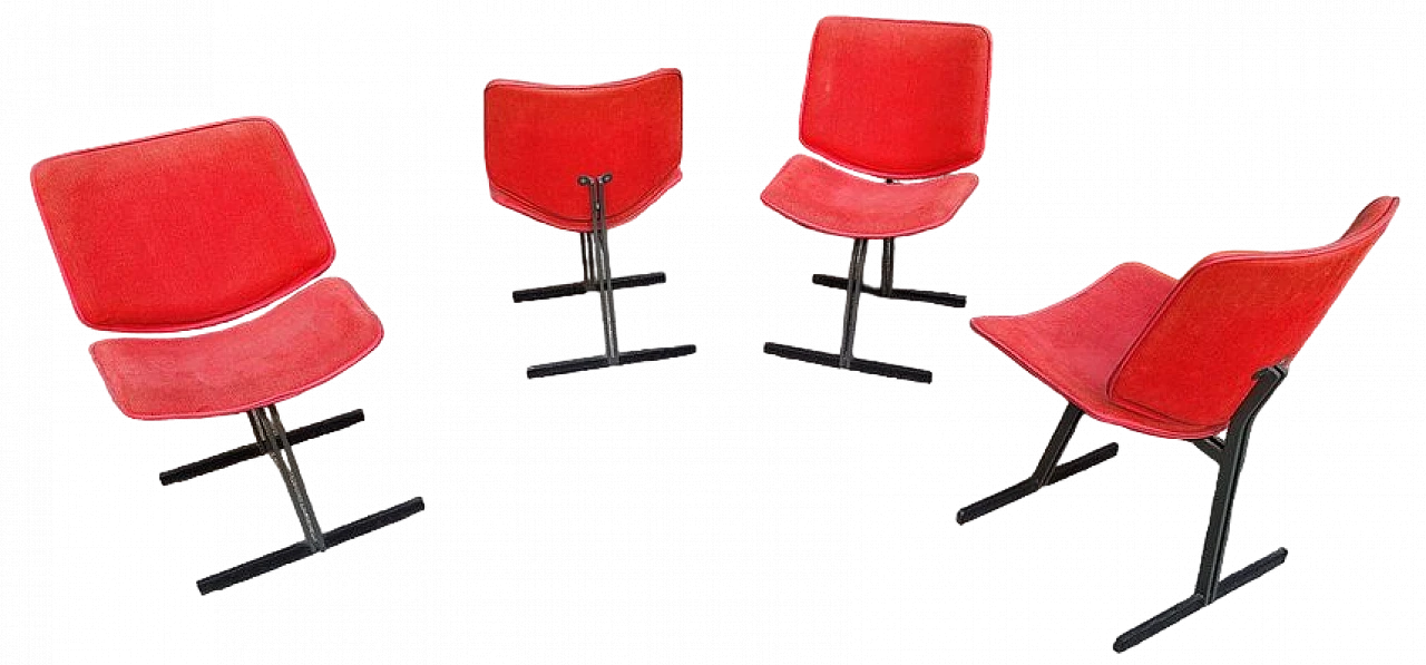 4 Chairs in iron and red fabric by G. Offredi for Saporiti, 1970s 8