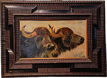 Giuseppe Raggio, Buffalo heads, oil on cardboard, 19th century