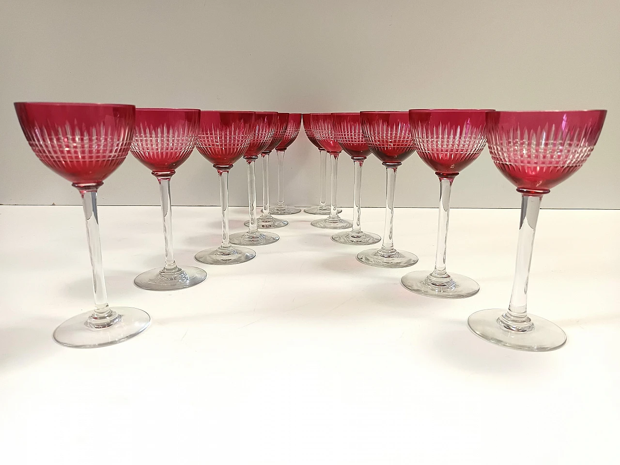 12 Crimson crystal glasses attr. to Val Saint Lambert, 1960s 4