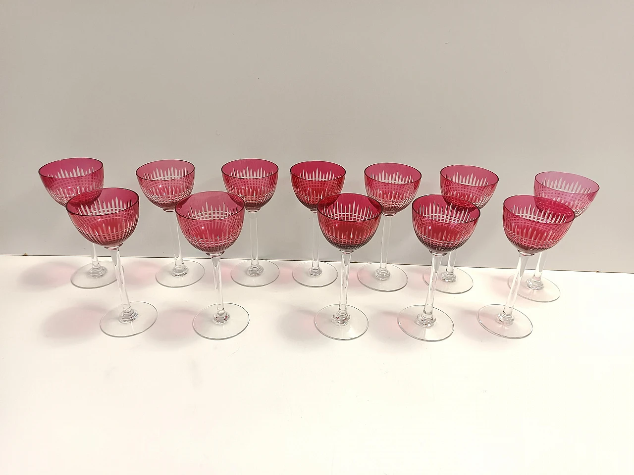 12 Crimson crystal glasses attr. to Val Saint Lambert, 1960s 6