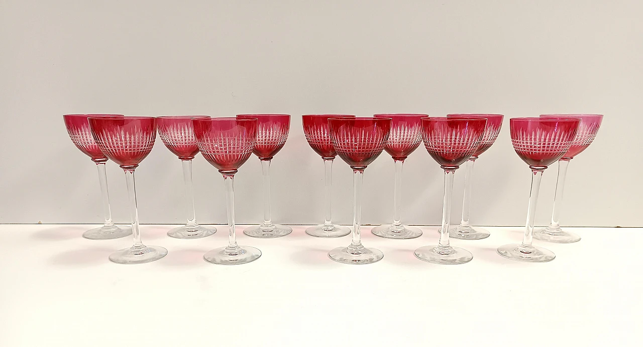 12 Crimson crystal glasses attr. to Val Saint Lambert, 1960s 7