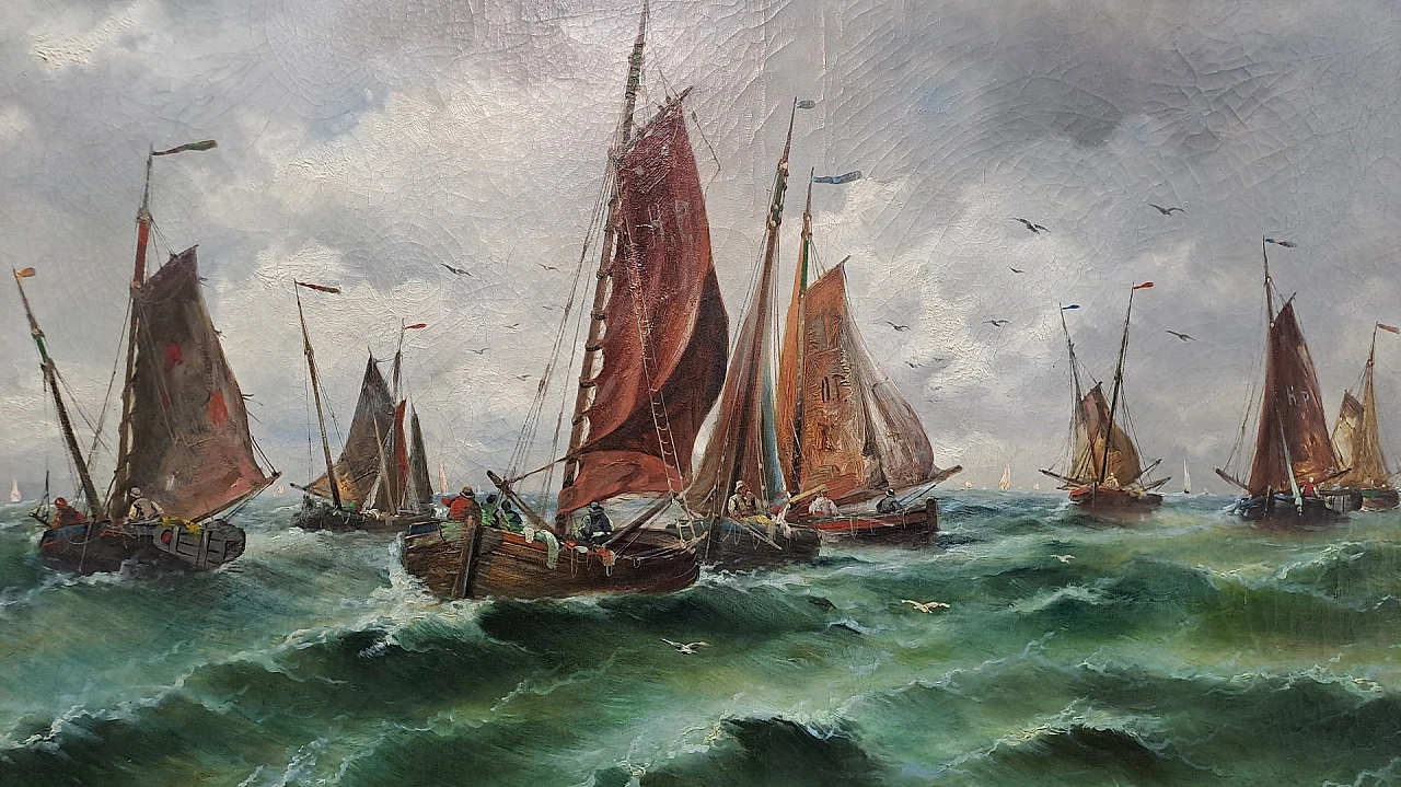F. C. Wagner, Navy with sailboats, oil on canvas, 19th century 5