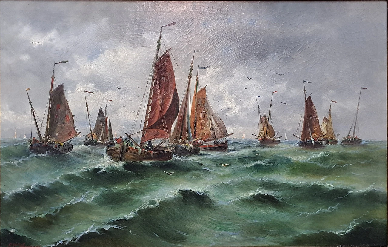 F. C. Wagner, Navy with sailboats, oil on canvas, 19th century 8