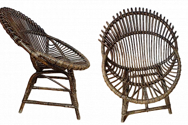 Pair of wicker and bentwood armchairs by F. Albini, 1960s