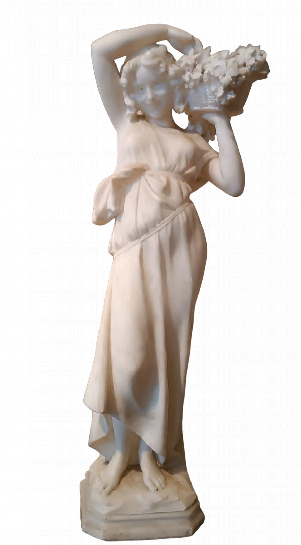 Girl with basket of flowers, alabaster sculpture, early 20th century 2