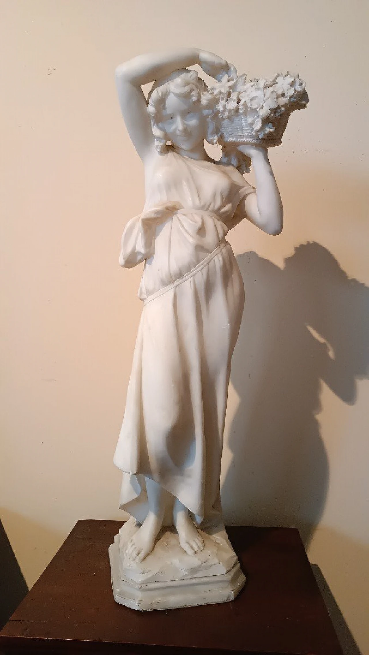 Girl with basket of flowers, alabaster sculpture, early 20th century 12