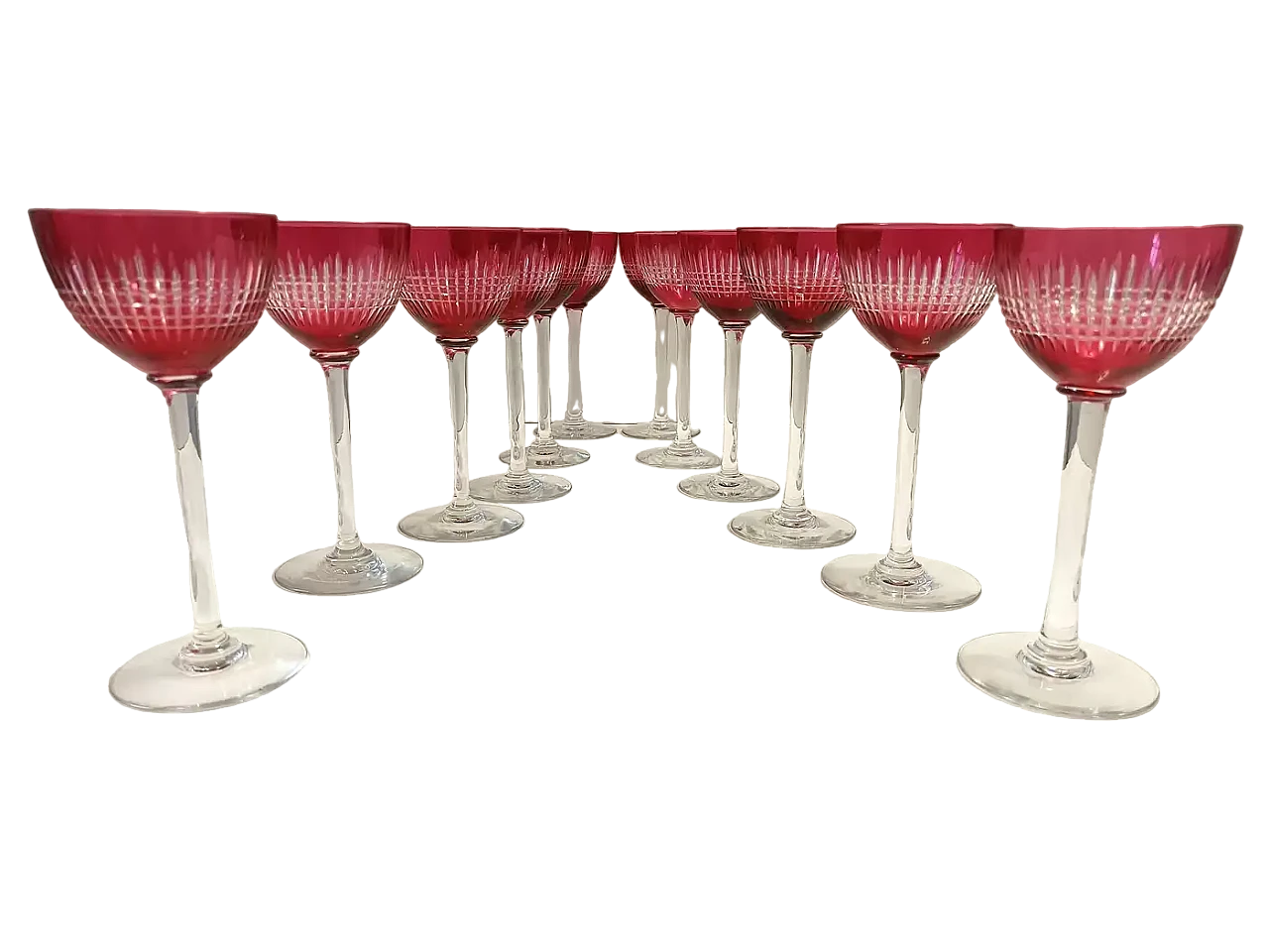 12 Crimson crystal glasses attr. to Val Saint Lambert, 1960s 11