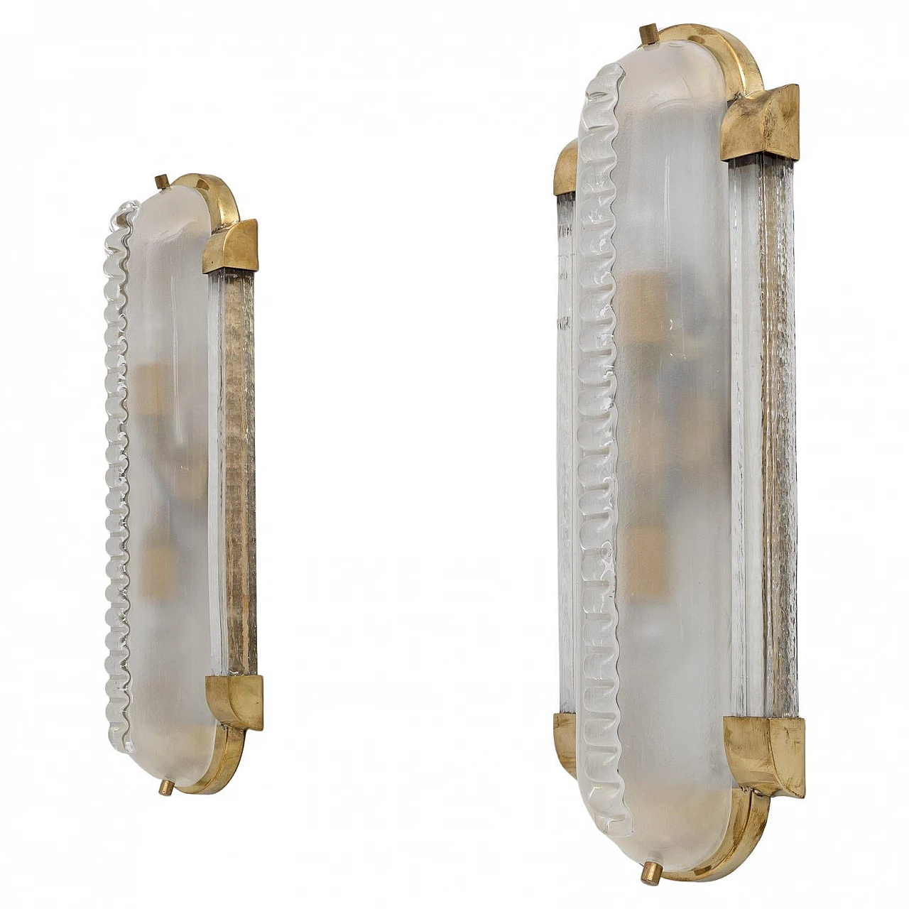 Pair of brass and frosted Murano glass wall lights, 1980s 1