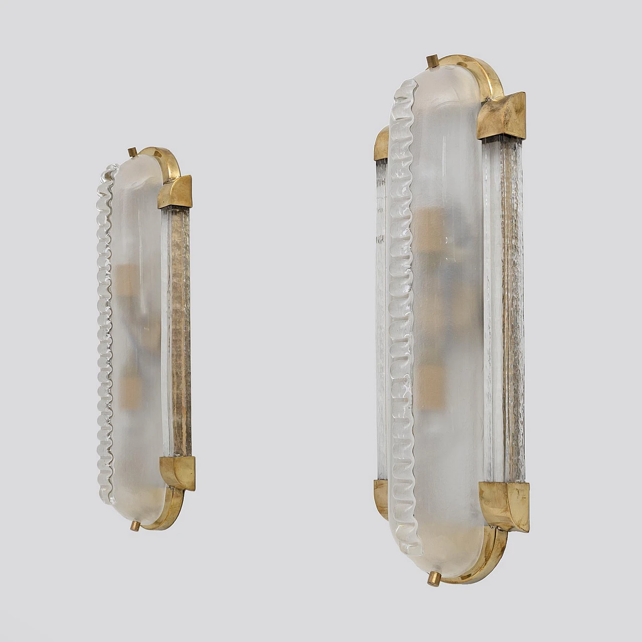 Pair of brass and frosted Murano glass wall lights, 1980s 4