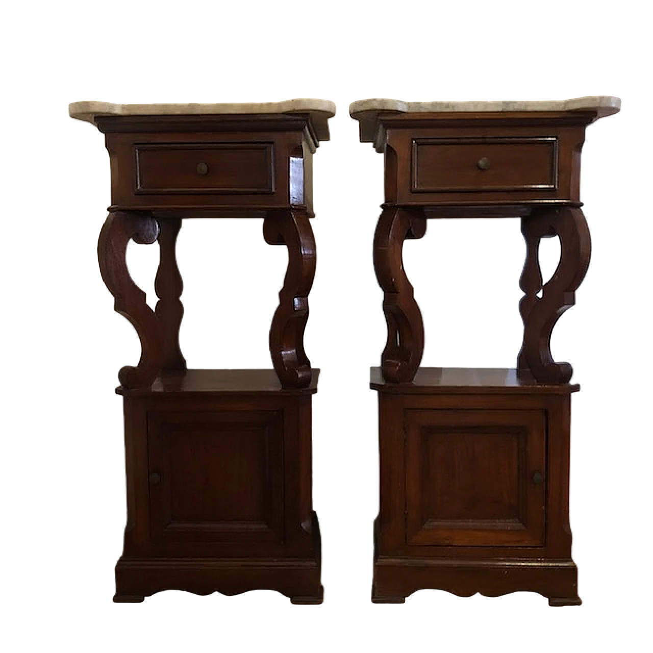 Pair of solid wood and marble bedside tables, early 20th century 11