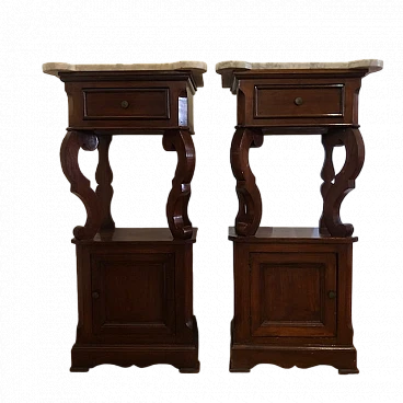 Pair of solid wood and marble bedside tables, early 20th century