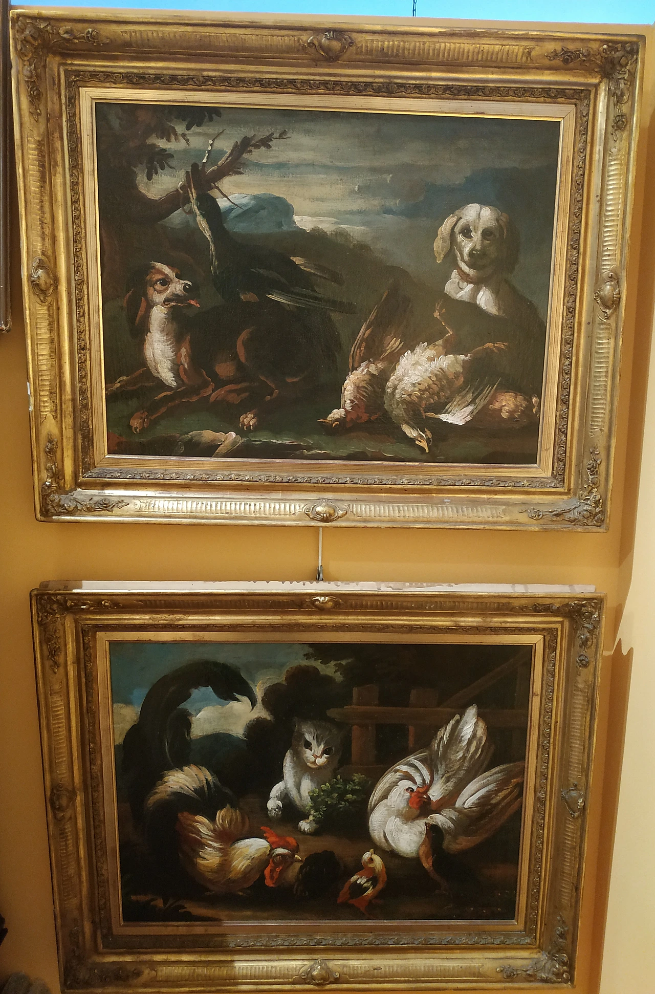 Pair of paintings of farm animals and haunting game, 18th century 1