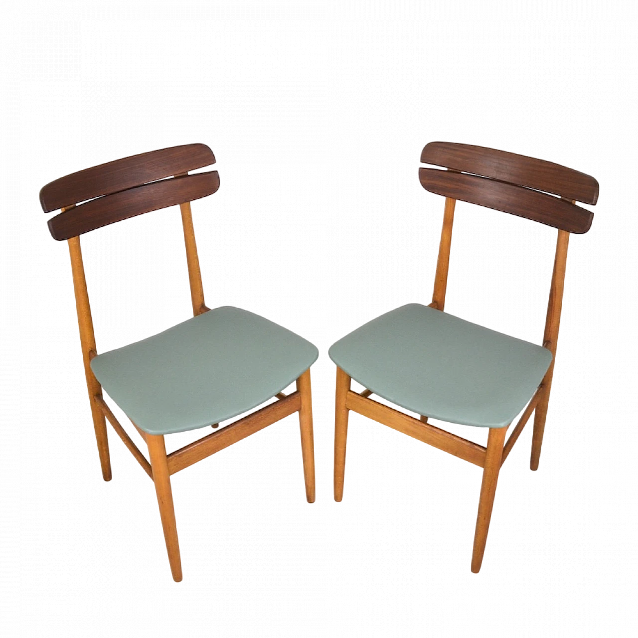 Pair of beech, teak and sage green eco-leather chairs, 1960s 9