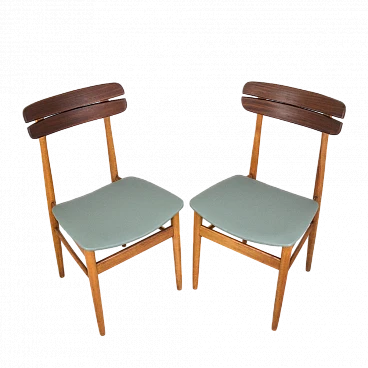 Pair of beech, teak and sage green eco-leather chairs, 1960s