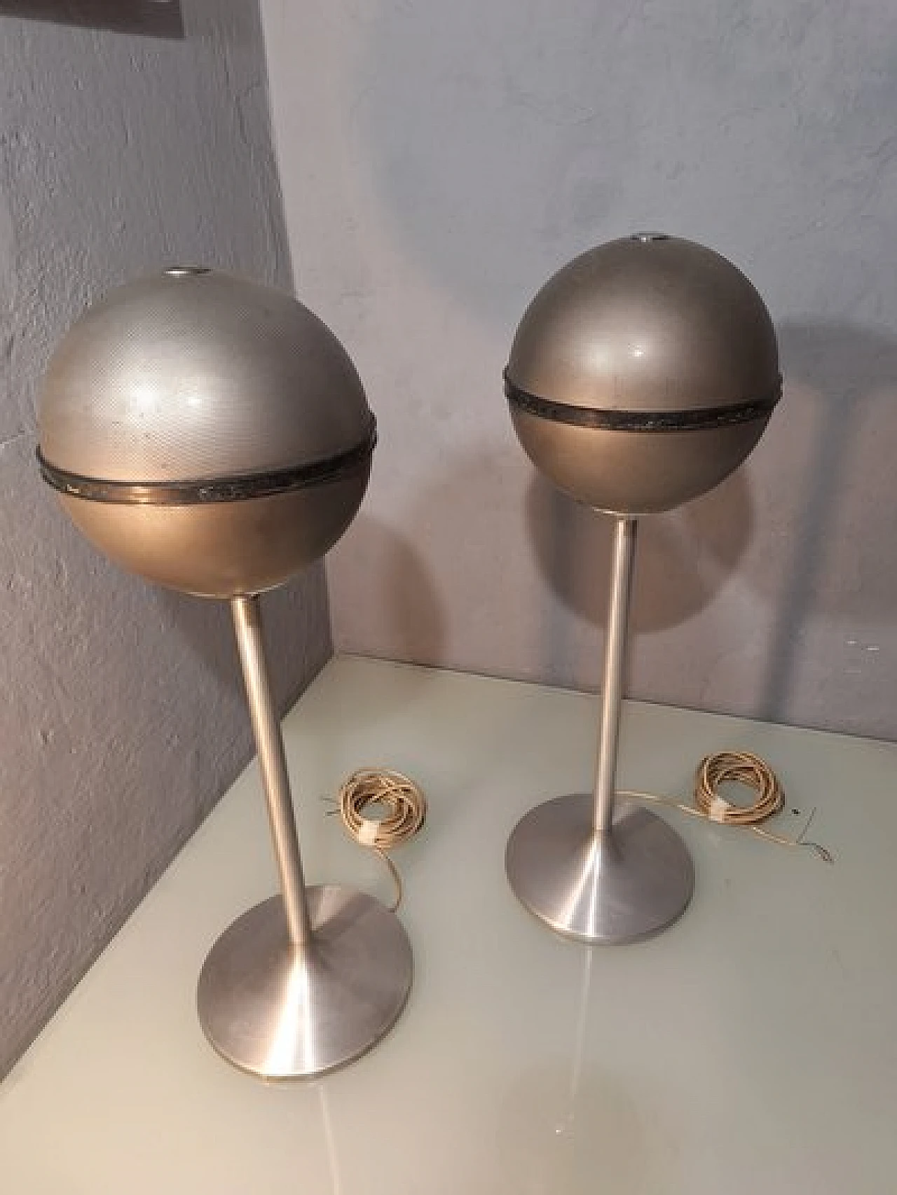 Pair of iron spherical floor speakers from Grunding, 1970s 3