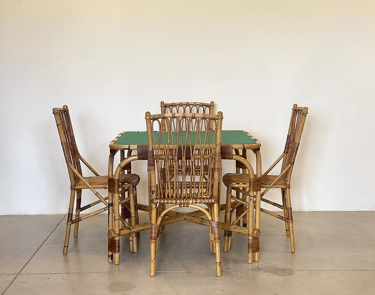 4 Chairs and bamboo card table by G. De Vivo, 1970s 1