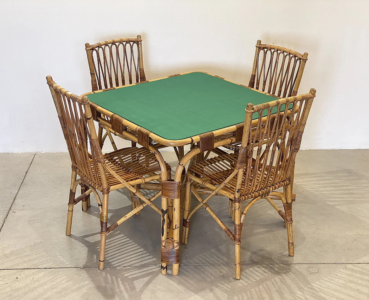 4 Chairs and bamboo card table by G. De Vivo, 1970s 3