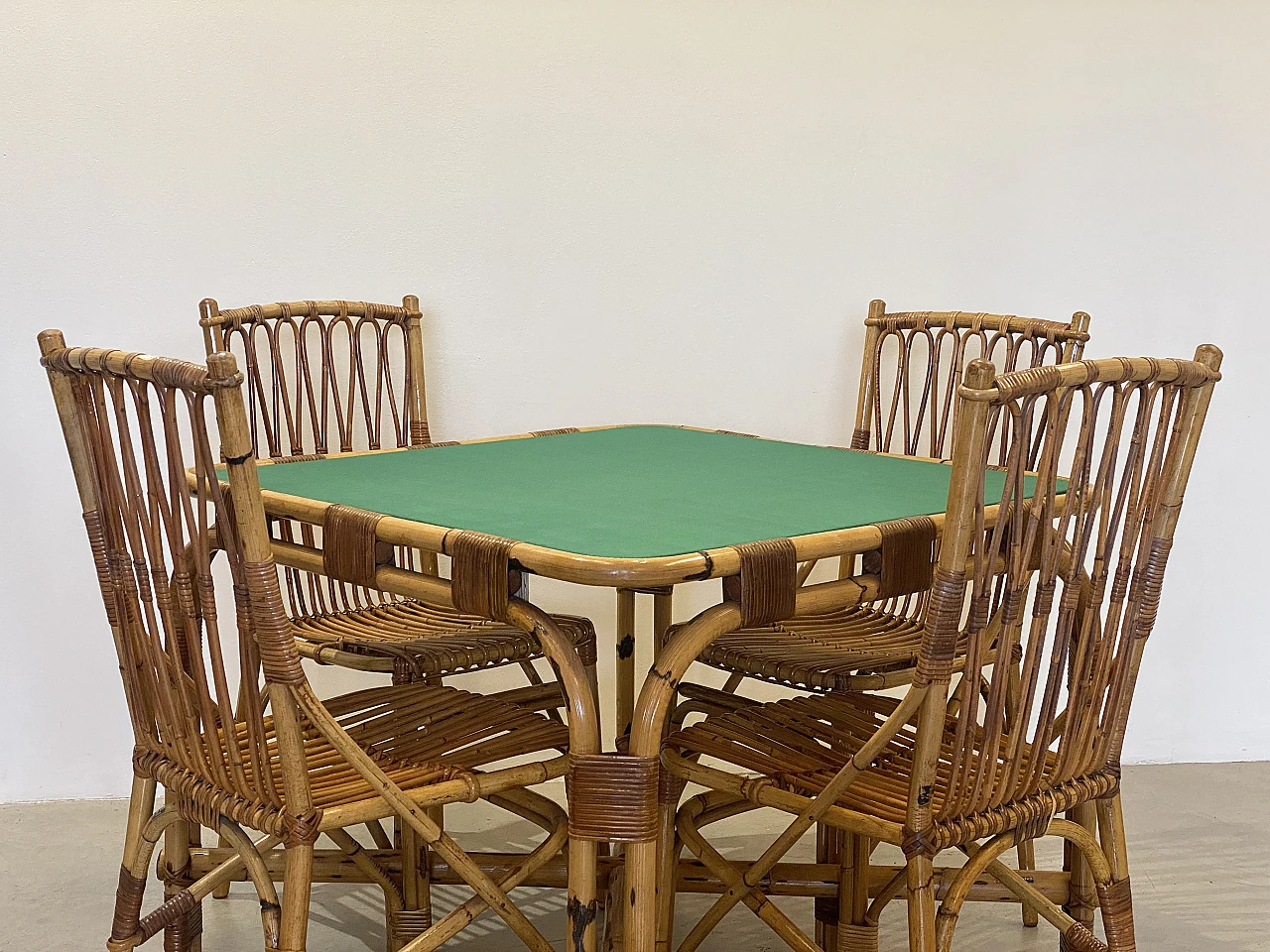 4 Chairs and bamboo card table by G. De Vivo, 1970s 4