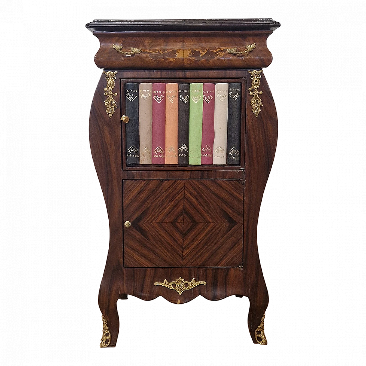 Louis XV style wood bedside table with fake books, early 20th century 11