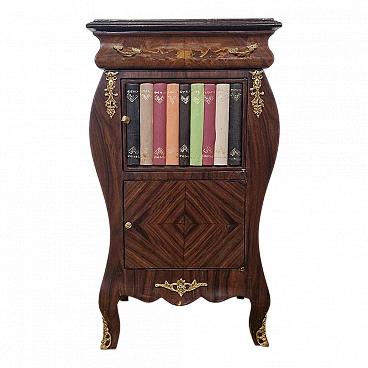 Louis XV style wood bedside table with fake books, early 20th century