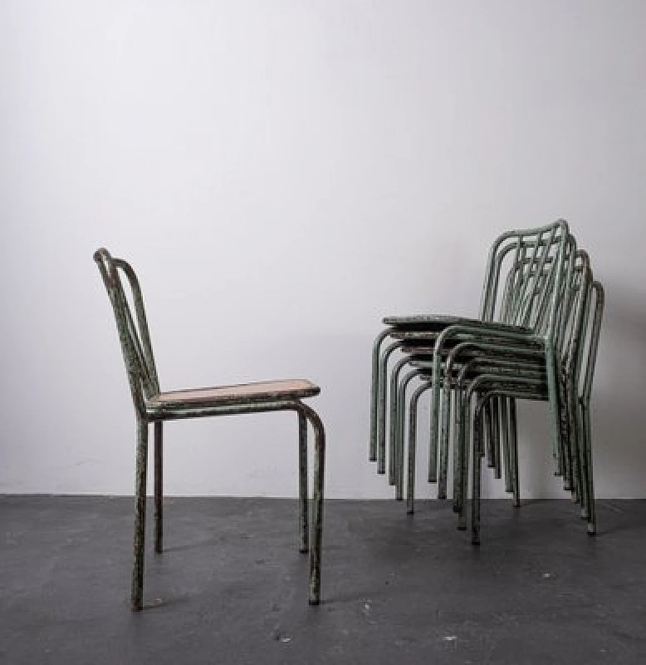 6 Industrial metal and wood chairs, 1960s 6