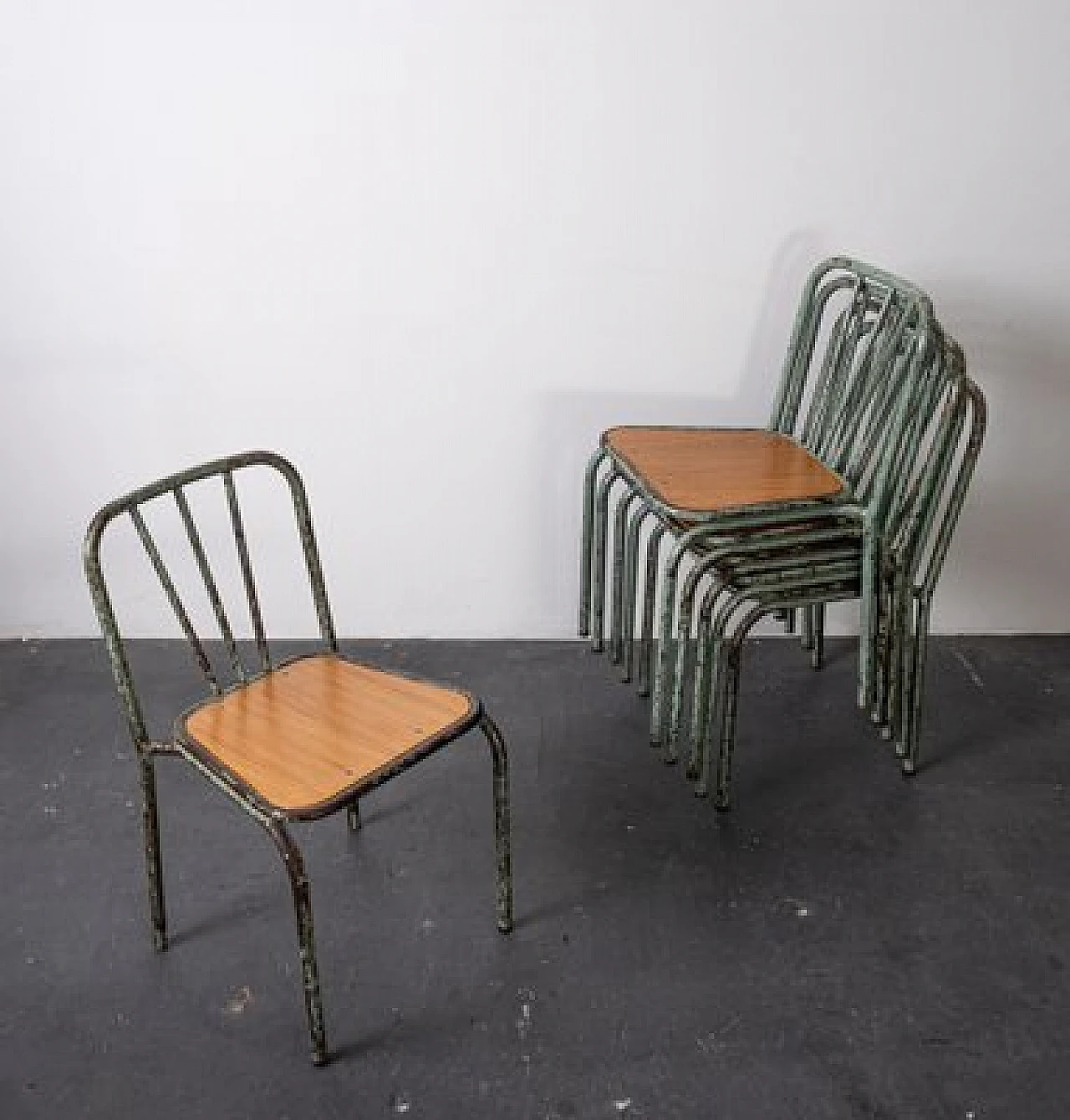 6 Industrial metal and wood chairs, 1960s 7