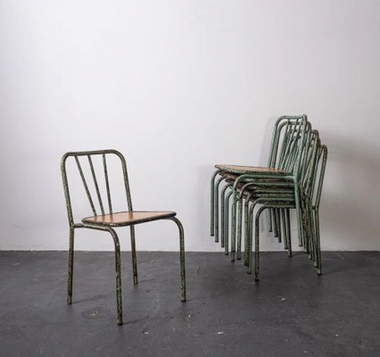 6 Industrial metal and wood chairs, 1960s 8