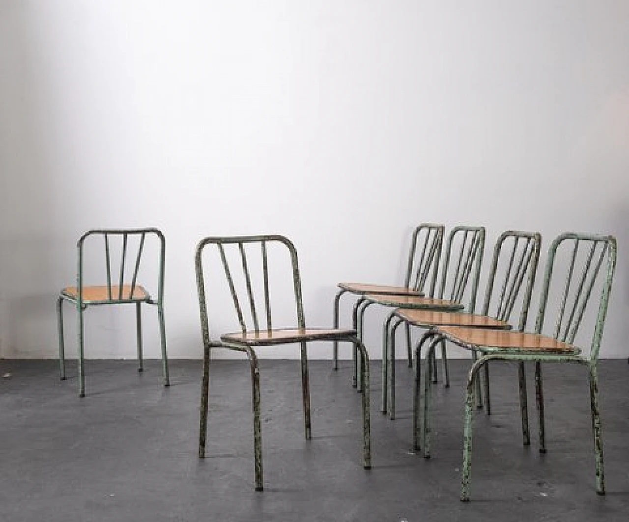 6 Industrial metal and wood chairs, 1960s 9