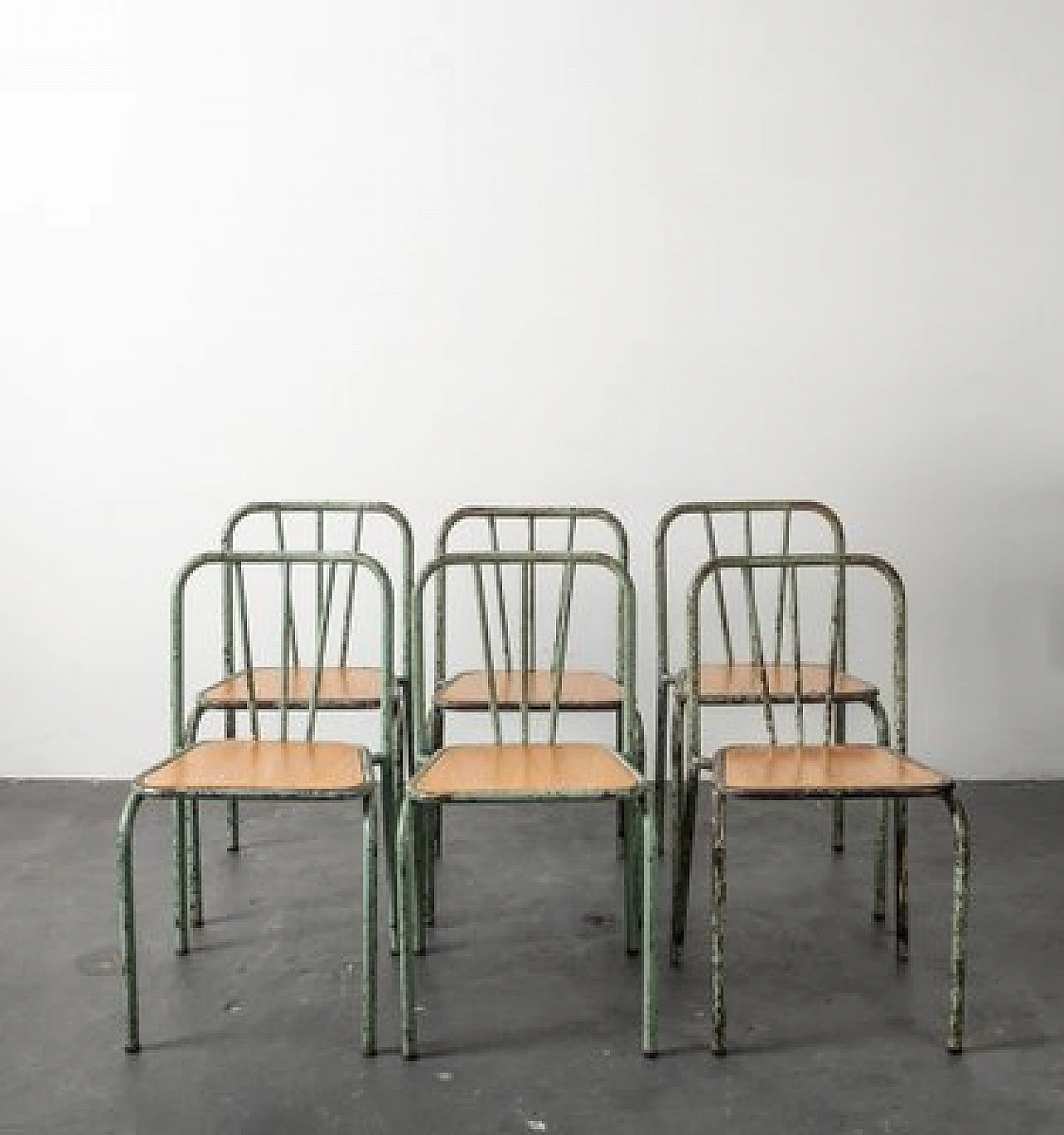 6 Industrial metal and wood chairs, 1960s 11