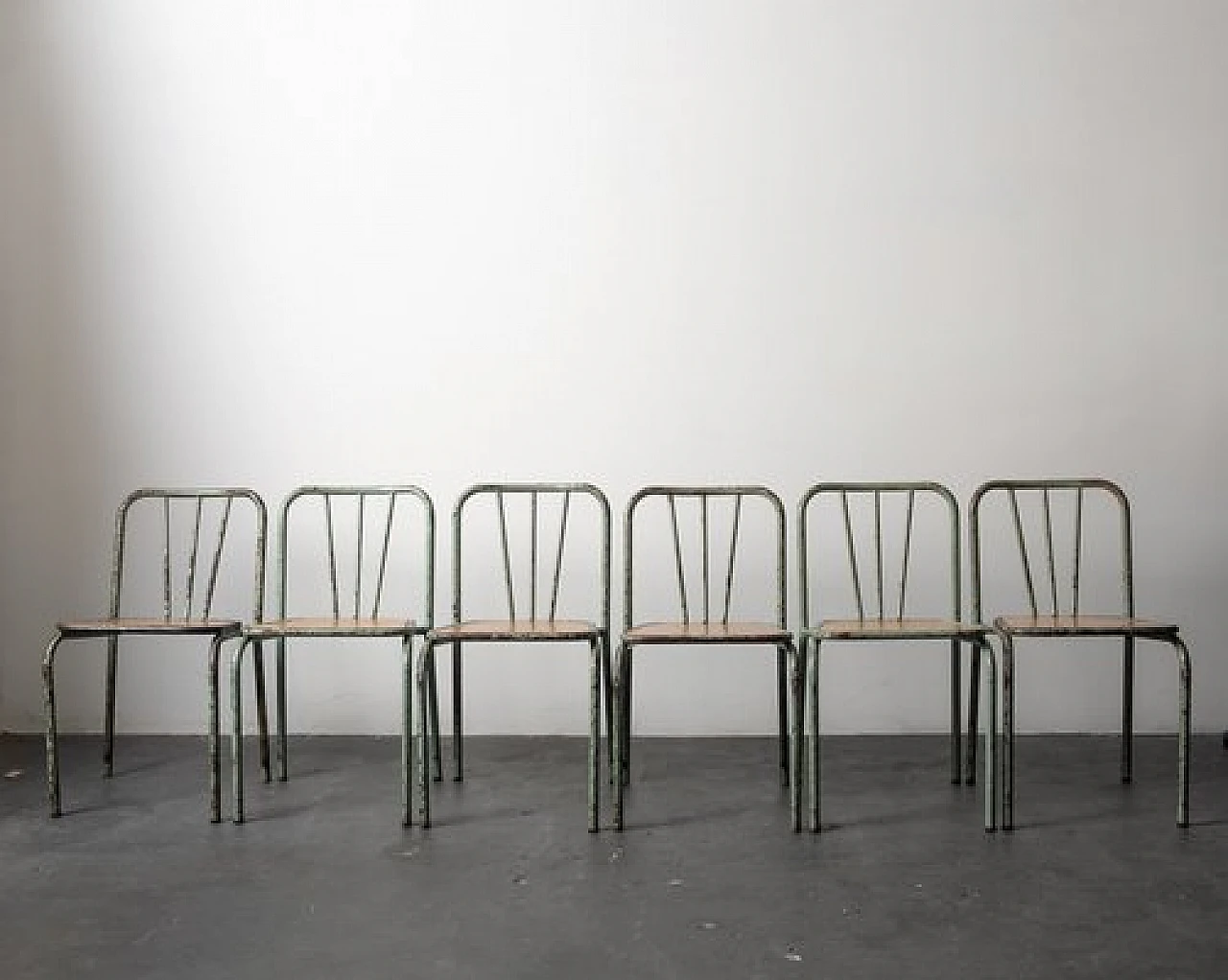 6 Industrial metal and wood chairs, 1960s 12