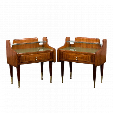 Pair of walnut, glass and brass bedside tables by Paolo Buffa, 1957