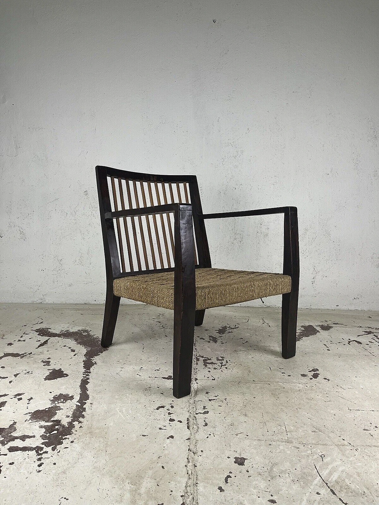 Wood and woven rope armchair, 1950s 3