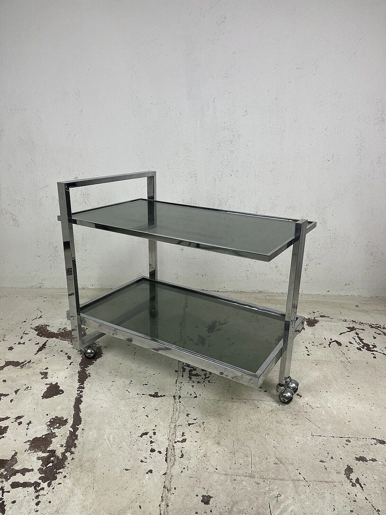 Chromed metal and smoked glass bar cart, 1970s 1