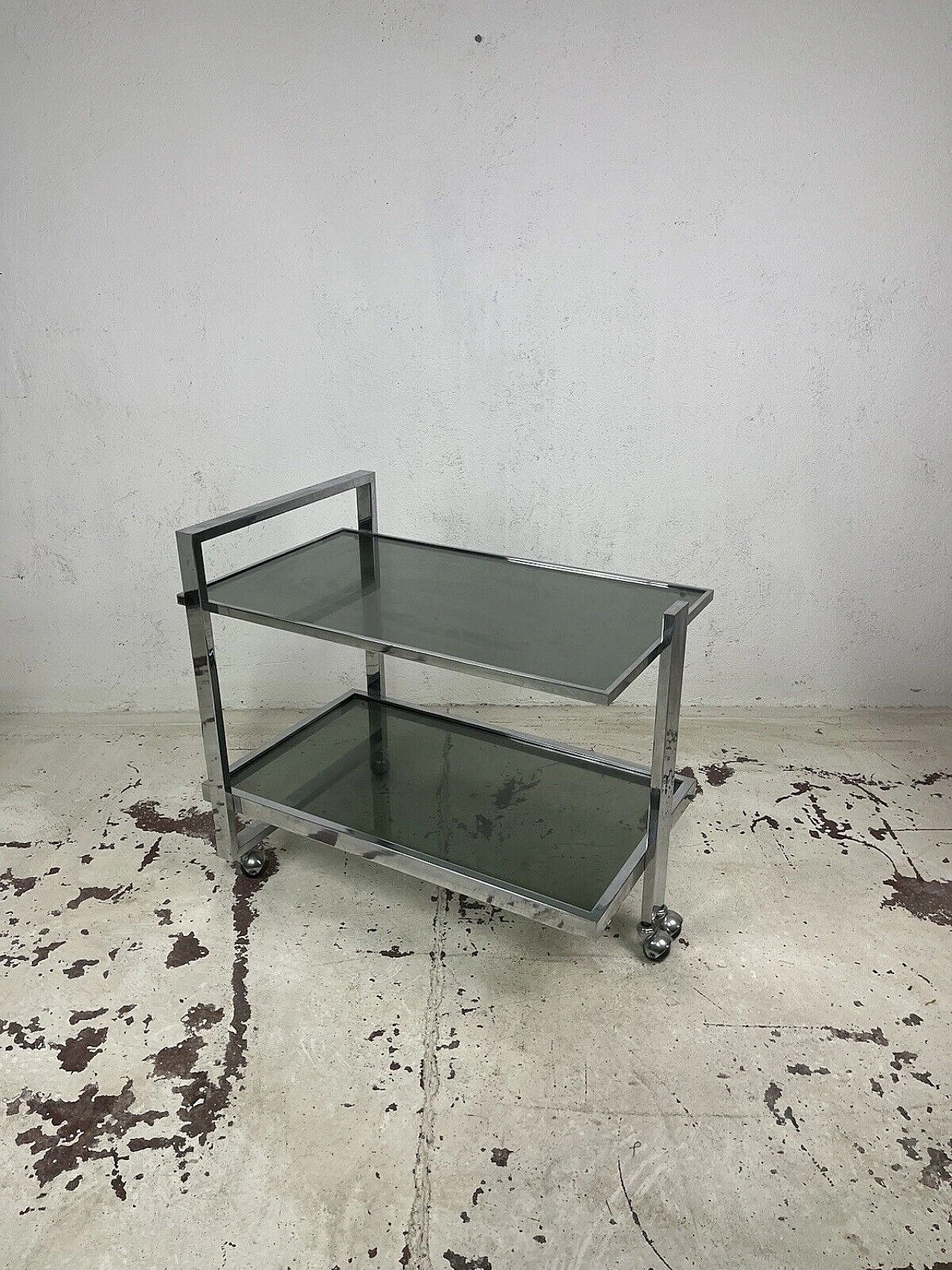 Chromed metal and smoked glass bar cart, 1970s 13