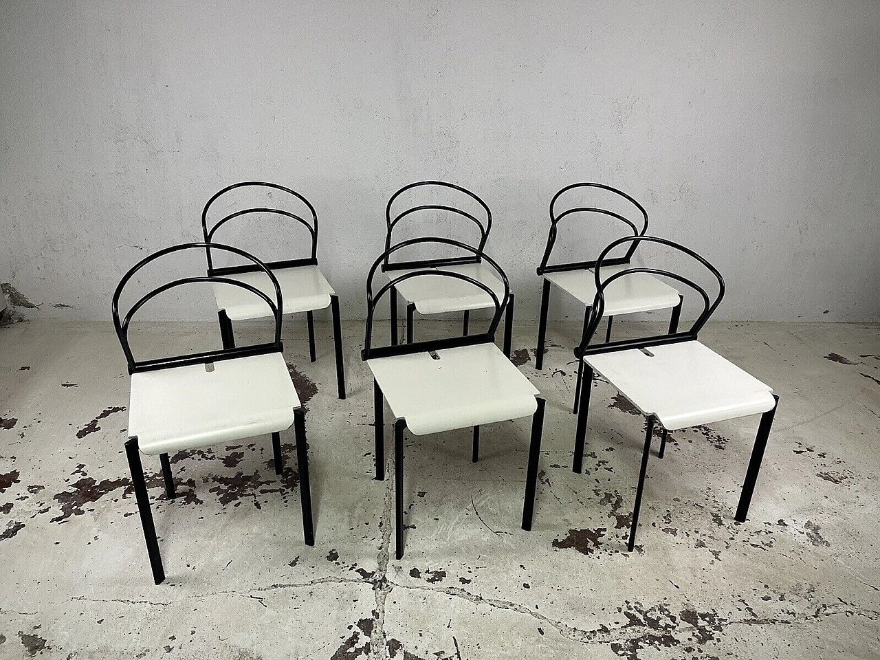 6 Chairs in black metal and white wood, 1980s 1