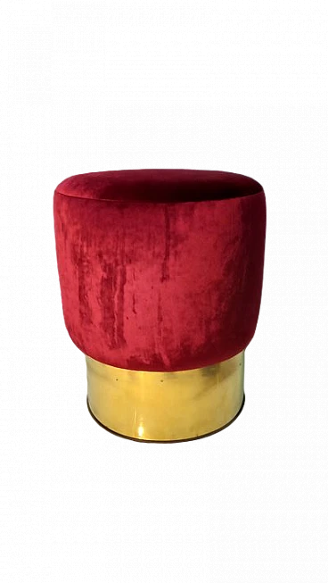 Pouf in ottone e velluto rosso, anni 2000